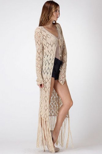 Free People beige crochet maxi fringe tassel dressy cardigan MEDIUM