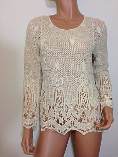 Beige crochet lace top blouse tunic hippie boho SMALL