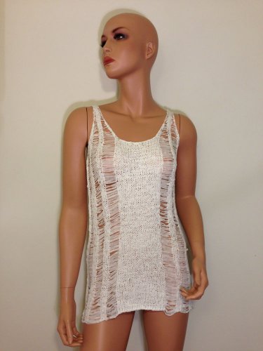 White knit crochet blouse tunic top hippie boho hobo SMALL