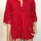Red Eyelet lace tunic top blouse hippie boho cotton SMALL
