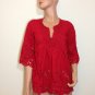 Red Eyelet lace tunic top blouse hippie boho cotton SMALL