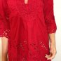 Red Eyelet lace tunic top blouse hippie boho cotton SMALL