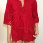 Red Eyelet lace tunic top blouse hippie boho cotton SMALL