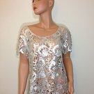 Silver lace crochet top hippie tunic blouse hobo bohemian MEDIUM