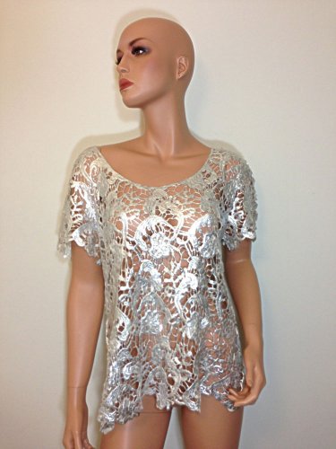 Silver lace crochet top hippie tunic blouse hobo bohemian MEDIUM