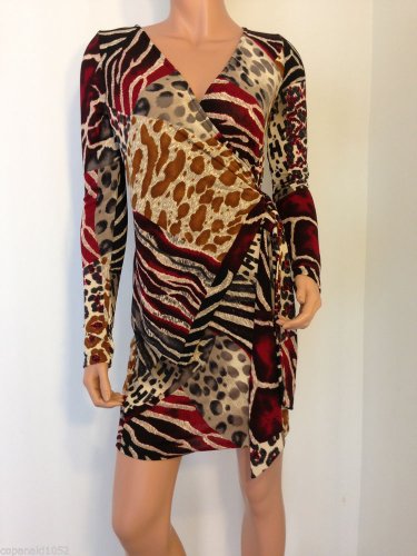 Dress Leopard Animal Print Wrap ivory cream beigeblack red SMALL