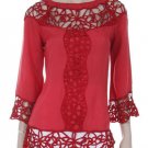 Red crochet lace tunic top blouse Bohemian MEDIUM