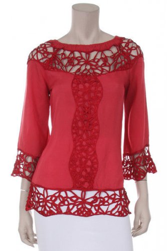 Red crochet lace tunic top blouse Bohemian MEDIUM