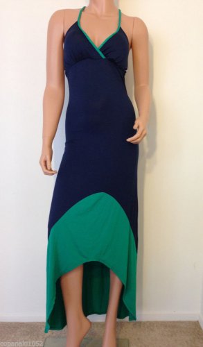 Blue Maxi Dress striped colorblock long hippie boho SMALL
