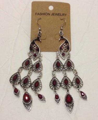NEW  Elegant Classic BIG Red RHINESTONE Drop/Dangle   Peacock Earring Post back