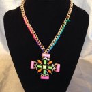 Gold Tone Brass Nacklace With Multi Tone Resin Stone And Austrian Crystal  Cross