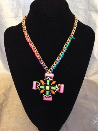 Gold Tone Brass Nacklace With Multi Tone Resin Stone And Austrian Crystal  Cross