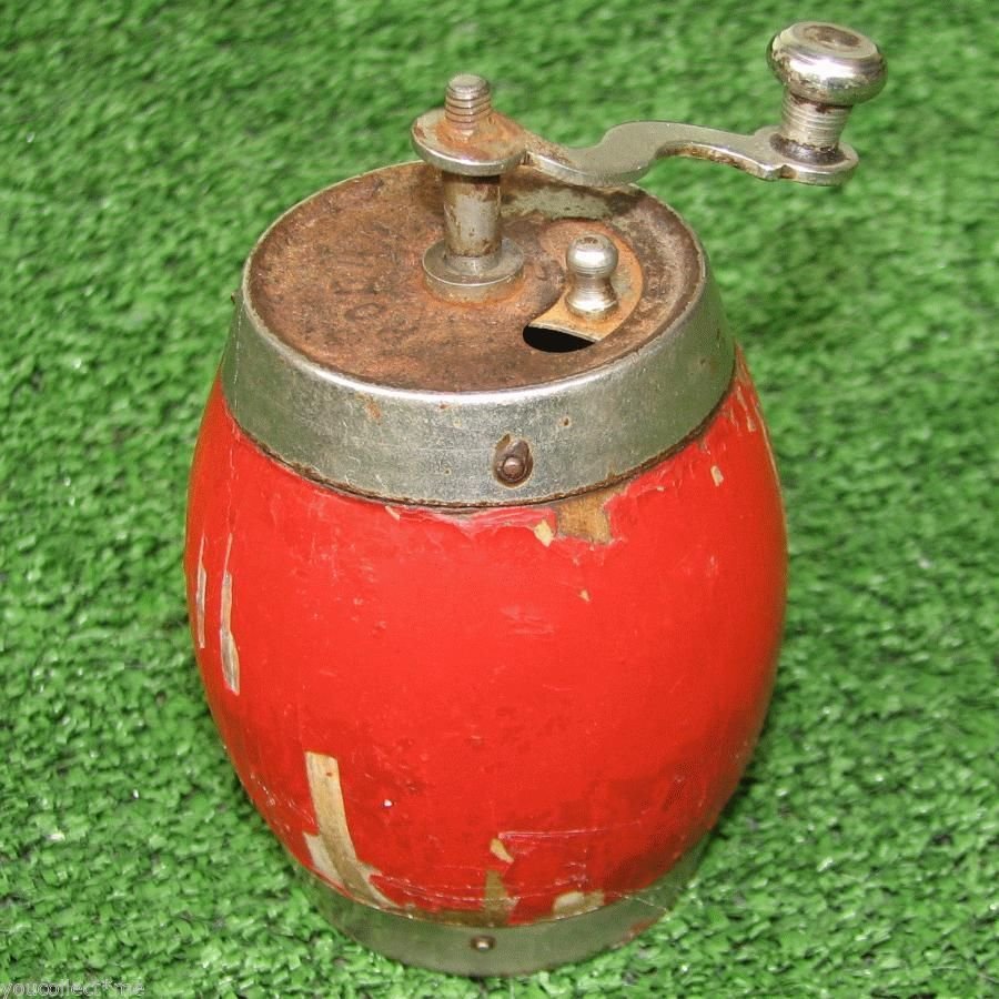 Small Vintage Pepper Spice Mill Grinder Red Wooden Body Used Rodina BGR 1970s NR