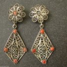 FILIGREE UNIQUE ANTIQUE VTG STERLING SILVER EARRINGS CORAL STONE HALLMARK 800