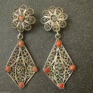 Vintage STERLING SILVER EARRINGS Filigree Coral Stones Hallmarked 800