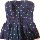 Abercrombie & Fitch Navy Smocked Strapless Bustier Top Green Polka Dot S