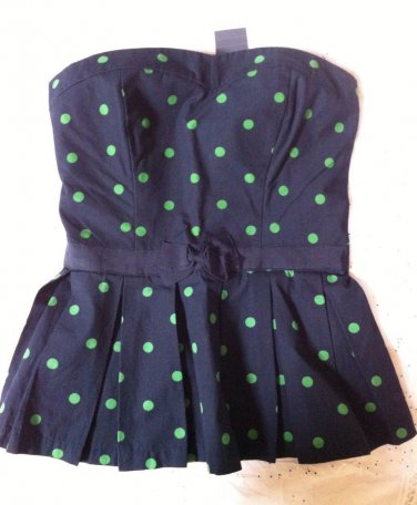 Abercrombie & Fitch Navy Smocked Strapless Bustier Top Green Polka Dot S