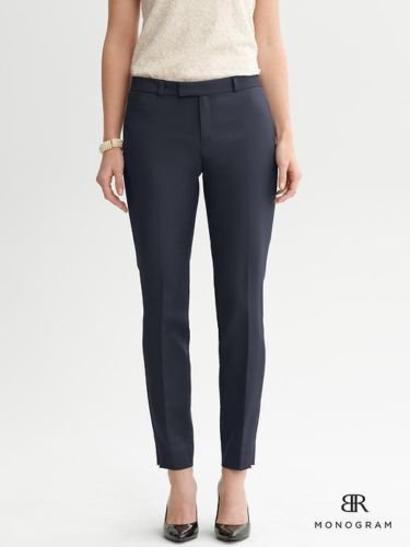 Banana Republic BR Monogram Slim Crop Pant Side Ankle Zip Sheen 6 Navy Blue