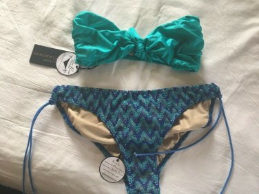 NWT Tyler Rose Bandeau Chevron Crochet Swim Set Small Blues Greens