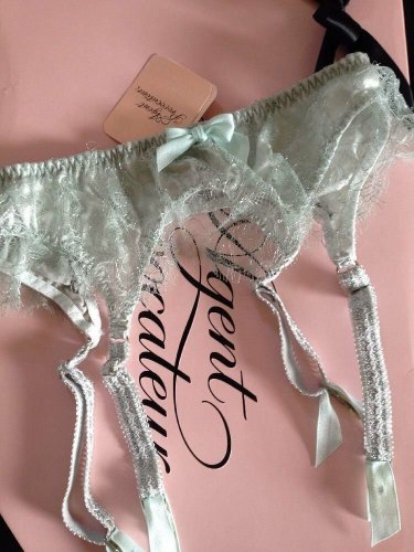 Agent Provocateur Silk Lace Snowberry Ice Blue Garter Belt Suspender S/ 2 $190+