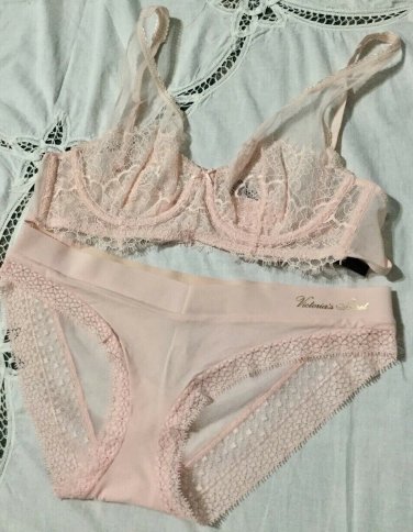 Victoria's Secret Angels Unlined Full Coverage Plunge Bra Tanga Set 34C M Pink