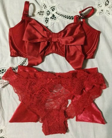 Victoria's Secret Unlined Satin Bow Balconette Bra Ouvert Set 32DD M L