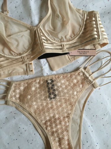 NWT Victoria's Secret Sheer Unlined Plunge Bra + Tanga set 32C M