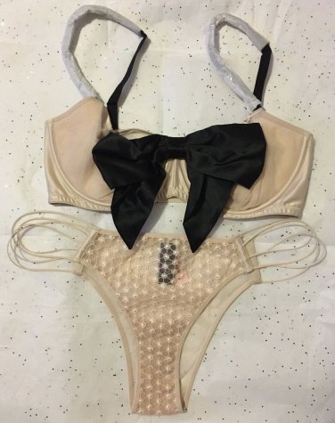 NWT Victoria's Secret Unlined Luxe Embellished Satin Bow Bra Tanga set 34D M