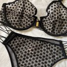 NWT Victoria's Secret Unlined Starburst Demi Bra Tanga set 32DD L black