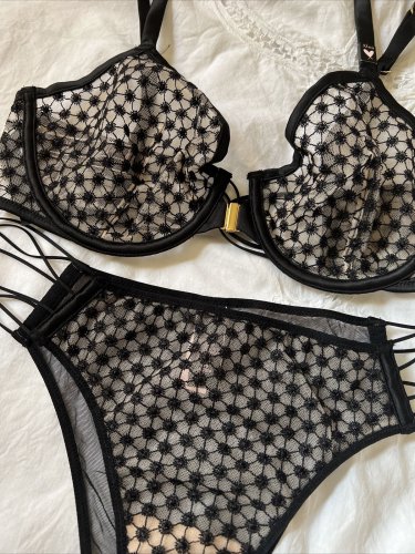 NWT Victoria's Secret Unlined Starburst Demi Bra Tanga set 32DD L black