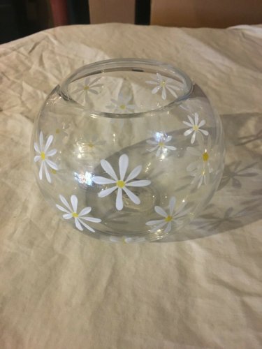 Teleflora Hand Painted DAISY VASE Clear Crystal, White & Yellow Flowers,Fishbowl