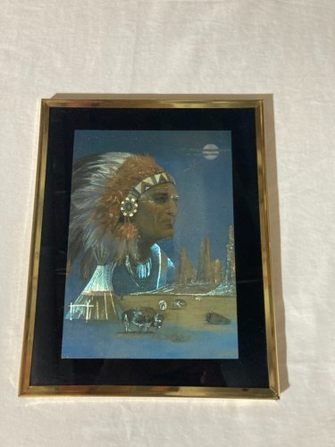M Caroselli Signed Native American Indian Chief Foil Art 8x10 Framed