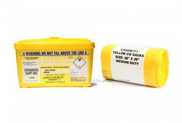 SHARPS BIN/BOX 1 LITRE + 10 X 5KG CLINICAL WASTE BAGS.