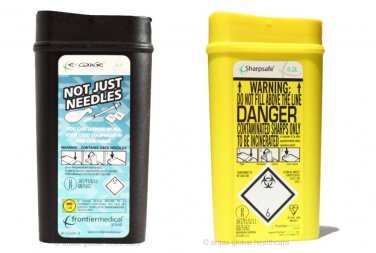 SHARPS BIN/BOX 0.20 L X 2 TRAVEL SIZE. BLACK + YELLOW