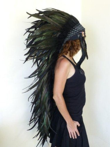 Extra Large Shining Dark Green Feather Headdress (43 Inch Long )
