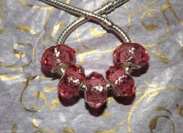 10pcs Acrylic Silver Buckle Core European Faceted Charm Beads 14mm Rose Pink