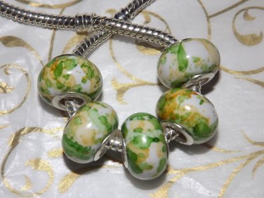 10pc Acrylic Silver Buckle Core European Charm Beads Green Yellow Paint Splatter