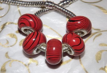 10pcs Acrylic Silver Buckle Core European Charm Beads Orange Black Stripes