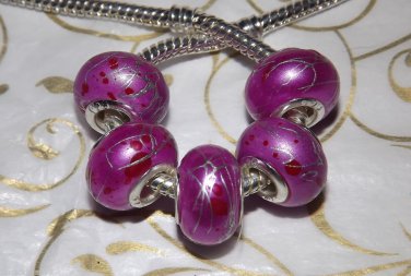 10pcs Acrylic Silver Buckle Core European Charm Beads Magenta Silver Paint Lines