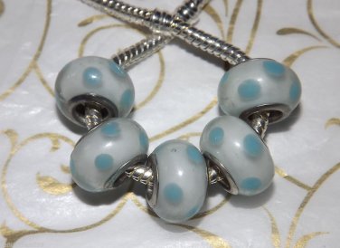10pcs Murano Glass Silver Buckle Core European Charm Beads White Blue Spots