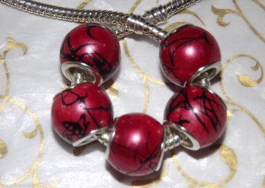 10pcs Acrylic Silver Buckle Core European Charm Beads Large Drum Red