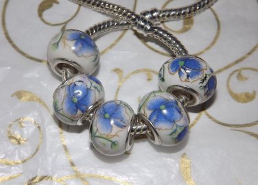 10pcs Ceramic Silver Buckle Core European Charm Beads Blue Floral Print