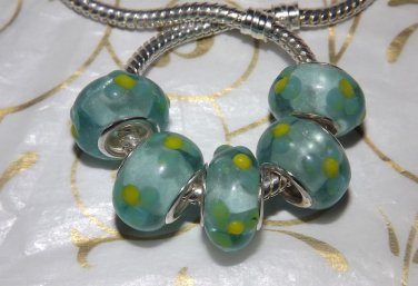 10pcs Murano Glass Silver Buckle Core European Charm Beads Green Floral