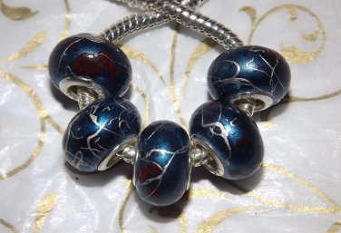 10pcs Acrylic Silver Buckle Core European Charm Beads Blue Silver Paint Lines