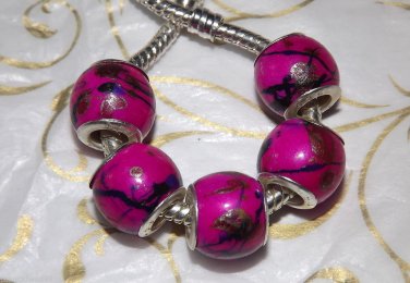 10pcs Acrylic Silver Buckle Core European Charm Beads Drum Hot Pink