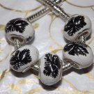 10pcs Ceramic Silver Buckle Core European Charm Beads Black Leaf Print