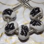 10pcs Ceramic Silver Buckle Core European Charm Beads Black Leaf Print