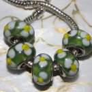 10pcs Murano Glass Silver Buckle Core European Charm Beads Green White Flowers
