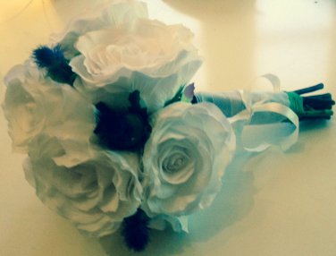 Artificial white Rose and Thistle bridal bouquet