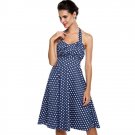 ACEVOG Women Dark Blue Halter Sleeveless Polka Dot Backless High Waist Swing Dress (Small)